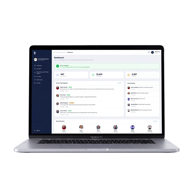 PrayU admin dashboard on a MacBook Pro