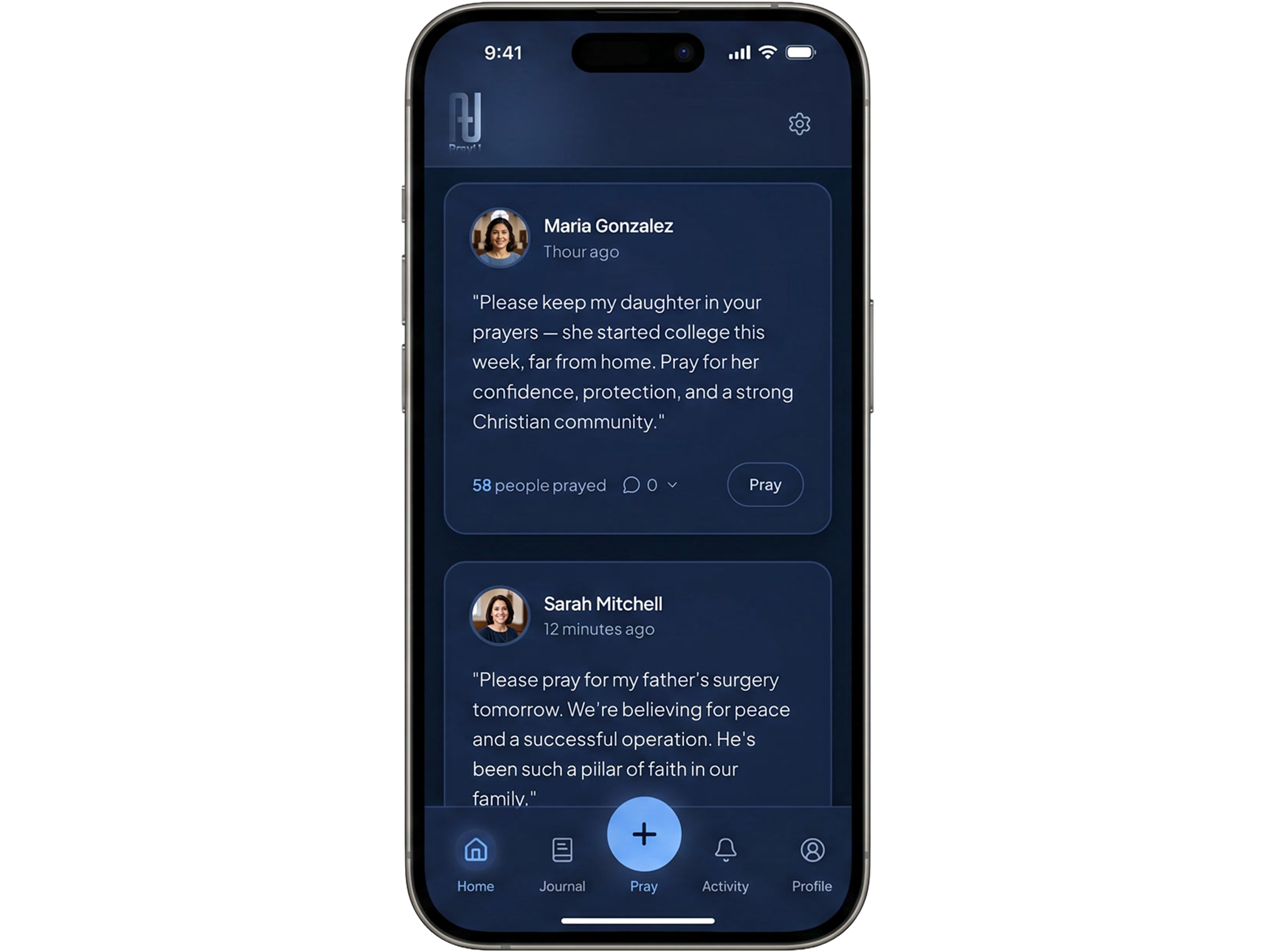 PrayU app on iPhone showing the prayer feed