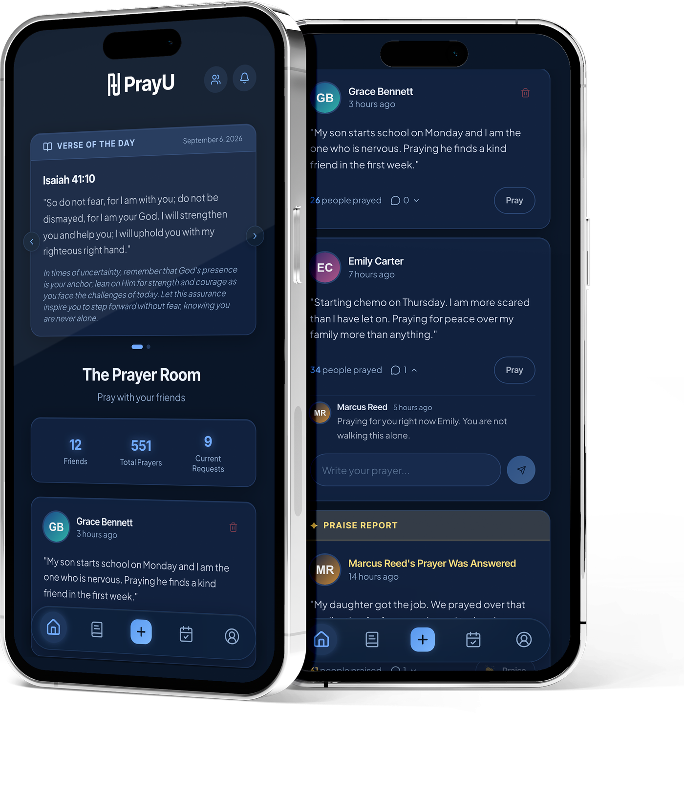 The PrayU app on two iPhones, showing the home feed and a prayer request